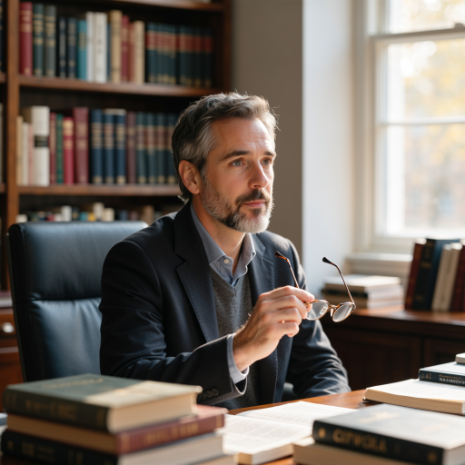 五十岁左右中年男性头像，穿深蓝色西装，白色衬衫，书架背景，学者形象，正面微笑，学术环境