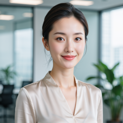 四十岁左右女性头像，穿米色职业套装，国际化办公背景，专业商务形象，正面微笑，国际商务环境