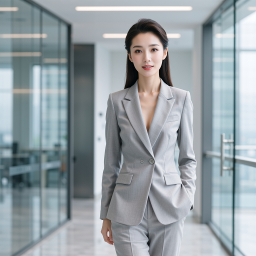三十五岁左右女性头像，穿浅灰色职业套装，白色衬衫，办公室背景，专业商务形象，正面微笑，柔和光线